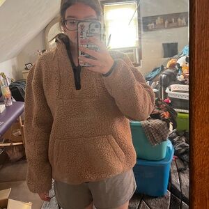 tan and black sherpa pullover 3/4 zip